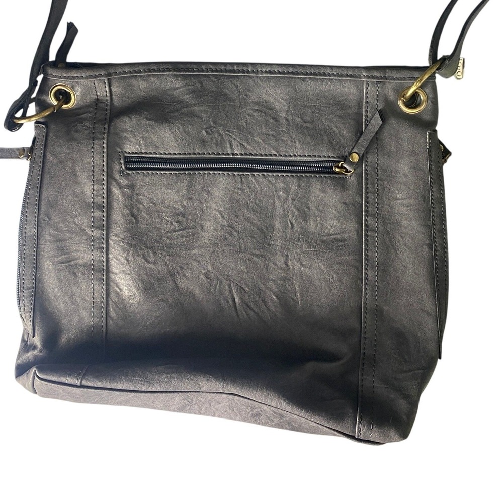 Bueno Gray Faux Leather Crossbody Messenger Bag Multi Pocket Brass Hardware